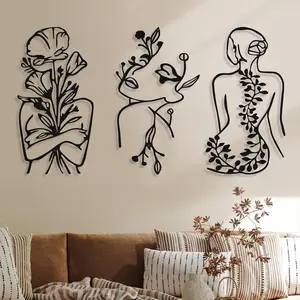 3 Pcs Metal Wall Art Decor Minimalist Abstract Woman Wall Art metal Modern Line Drawing Wall Art Decor Female Single Line Wall Home Hanging for Bedroom Bathroom Living Room(Black, Modern)