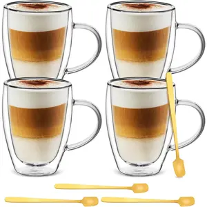 Cappuccino Glass Mugs (Set of 4) 12 Ounce Double Walled Espresso Cups with 4 Golden Spoons,  for Latte, Cappuccino, , or Juice