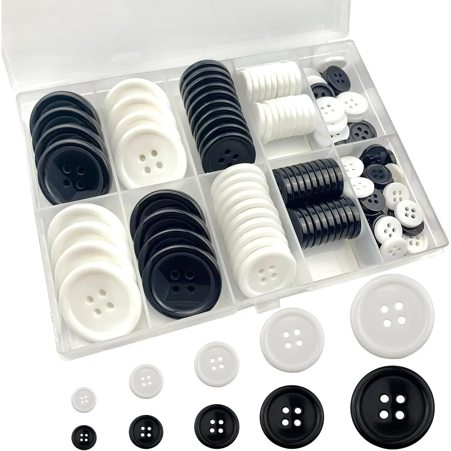 160 count (Black and White) Craft Buttons,  Buttons in 5 Sizes 2/5", 1/2", 3/5", 4/5" and 1" for Shirts, Suits and Other Garment Sewing Buttons and DIY Craft Projects