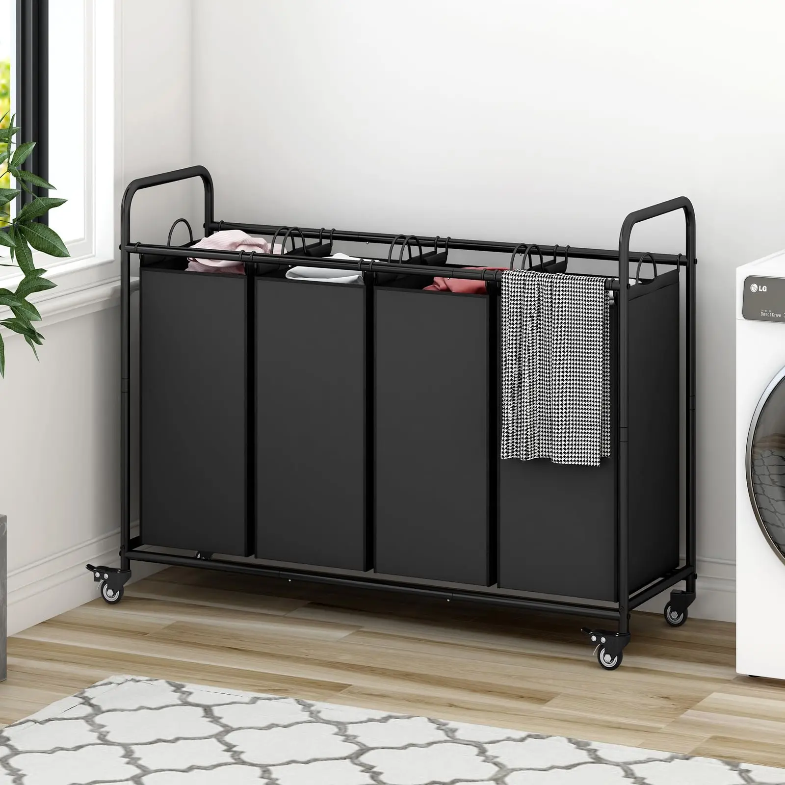 SUOERNUO 4-Bag Laundry Basket Sorter Cart, Classic Eco-Friendly Laundry Hamper Organizer with Heavy-Duty Lockable Rolling Wheels, Removable Bags, Metal Handles for Simple Lifting, Reinforced Round Pipes