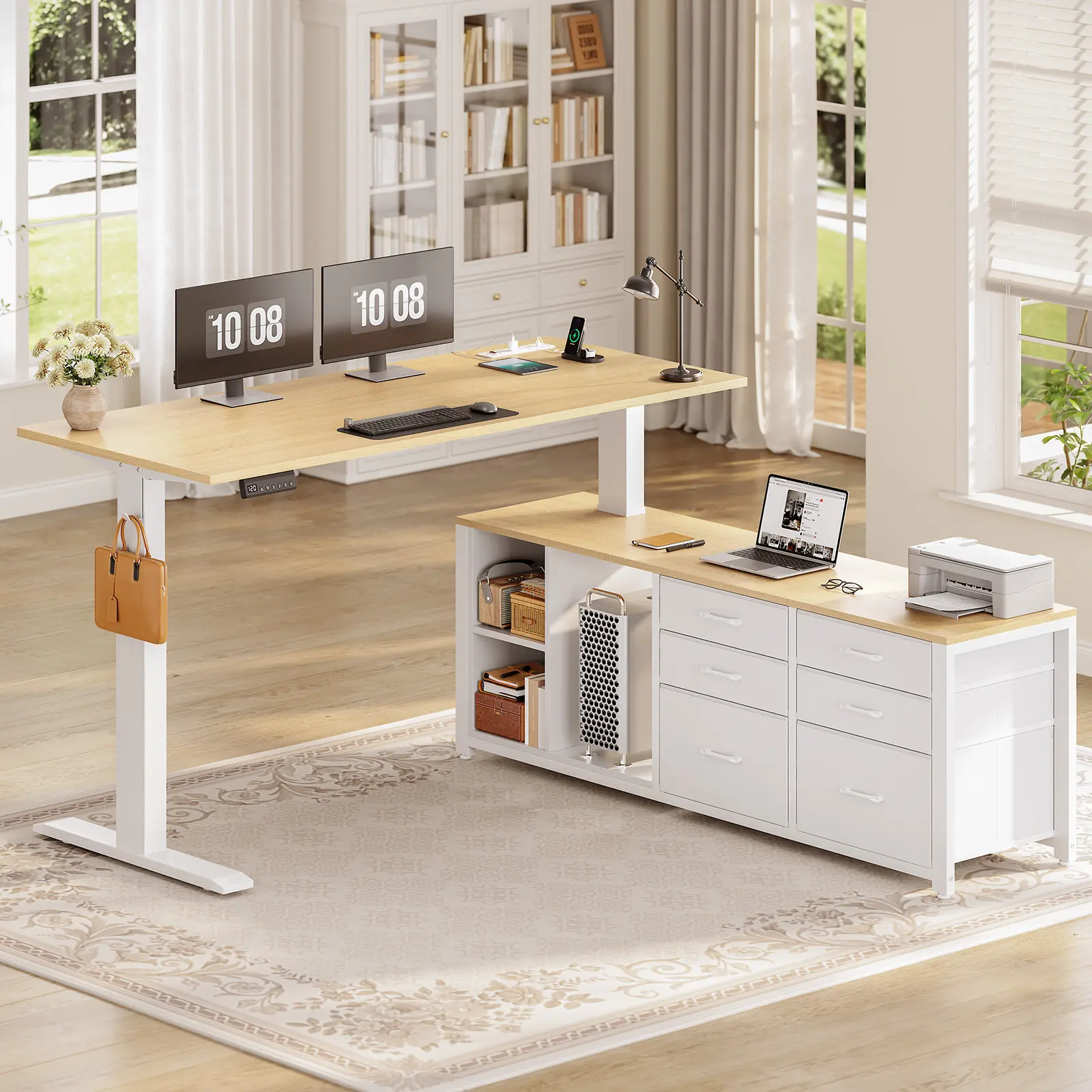Sedeta L-Shaped Electric Standing Desk, 55"x55" Height-Adjustable Office Executive Desk with 6 Fabric Drawers, Storage Shelves, Power Outlet for Home Office, Adjustable Standing Desk