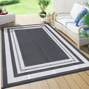 Modern Plaid Waterproof Geometric Rug Double-sided Straw Carpet for Courtyard RV Balcony Beach Picnic Terrace UV Coated Stain Resistant Easy Clean