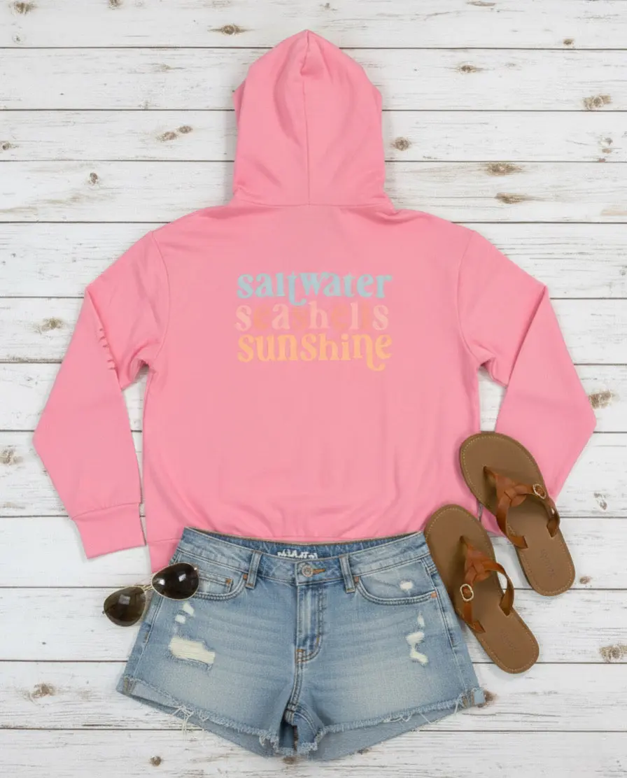 Sassy Ripped Hoodie for Women - Lightweight Polyester Elastane Pullover with Beach Graphic for Outdoors and Layering Outfits, Embroidered, Tops, Long Sleeve, Women's Hoodies, Loose Fit, Polyester Blend, Pullover Hood, Relaxed Cut, Kanga Pouch, Embroidered