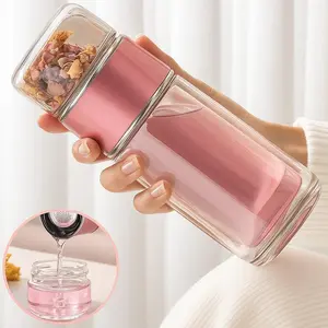 Glass Tea Tumbler, 3-in-1 Smart Tea Maker, Double-Walled Teapot with Detachable Cup, Teacup, Portable Leak-Proof Glass Tea Infuser, Suitable for Hot and Cold Brewing, Suitable for Flower Tea and Loose Tea, with Filter, Suitable for Office and Travel.