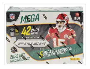 PYT Break | (7) 2025 Panini Prizm NFL Football Hobby Mega Boxes (7 Cards/Pack, 6 Packs/Box) + (1) 2025 Score-A-Treat for a 2-Row Collectible Card Bin (color of choice)