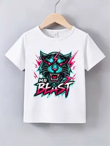 11[Street Beast] MR BEAST Co-Branded Black Short-Sleeved T-Shirt Blue Leopard Red Eye Pink Lightning Print Graffiti Dripping Letters Trendy Cool Streetwear