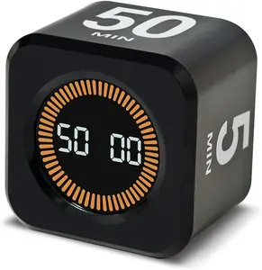 Visual Rotating Timer with 5, 10, 25 50 Minutes Preset, Desk Cube Count Down/up Timer, Rechargeable Custom-time Mute/Sound, Ideal for  Work Learning Kitchen, Black