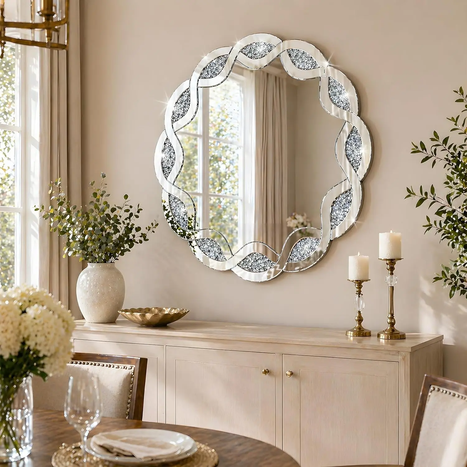 Elegant Round Wall Mirror Crushed Diamond Frame, 32'' Large Decorative Accent Mirror, Sparkling Crystal Luxury Mirror for Glam Room Entryway Decor, Housewarming Wedding Gift