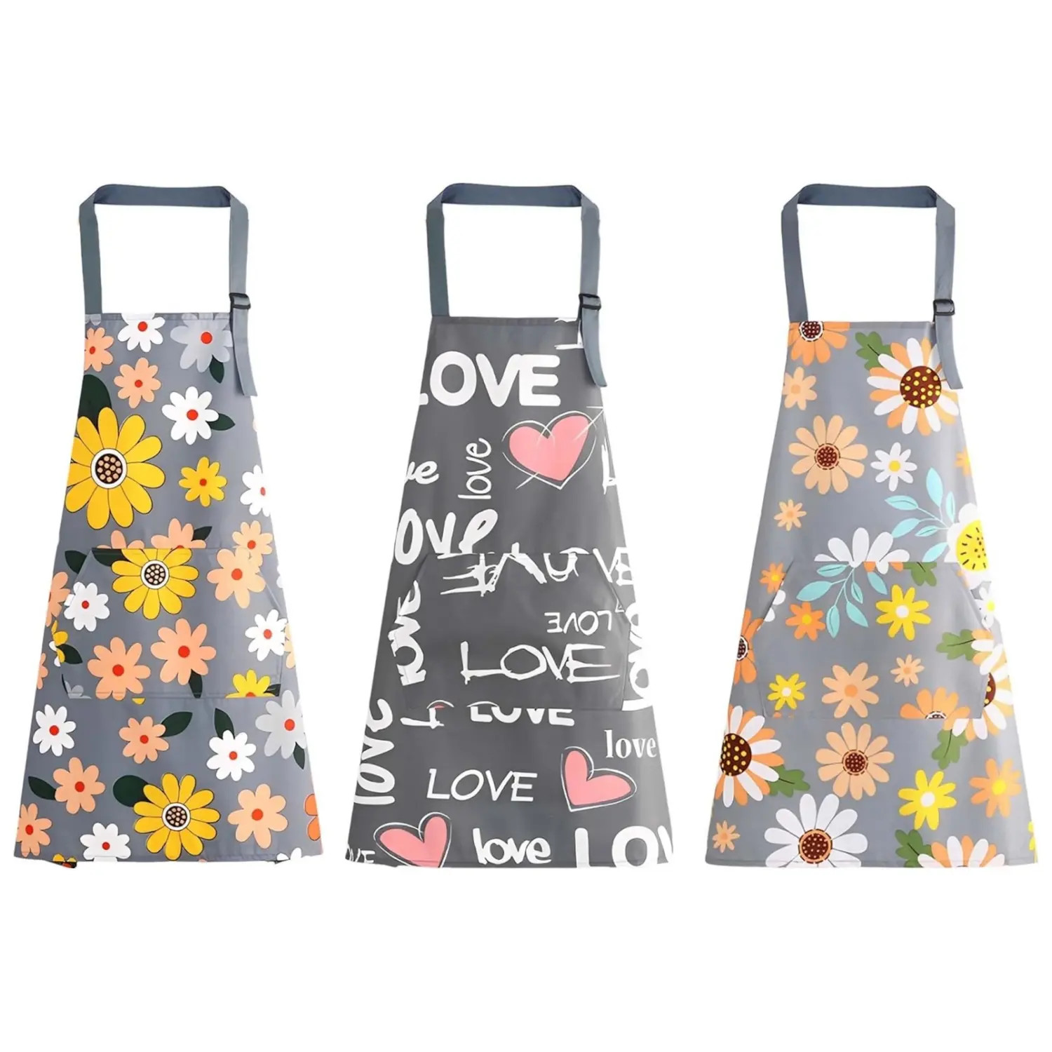 3PCS Floral Aprons with Pocket, Adjustable Cooking Aprons, Waterproof Aprons for Women, Kitchen Aprons with Pockets for Cooking Gardening Baking Salon