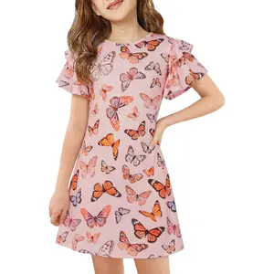 Haloumoning Girls Ruffle Sleeve Dresses Kids Summer Crewneck A Line Casual Dress 5-14 Years