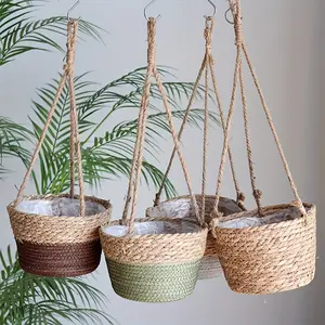 Handmade Woven Hanging Flowers Basket with Waterproof Lining, Rustic Farmhouse Decorative Planter, Home Decoration, Holiday Party