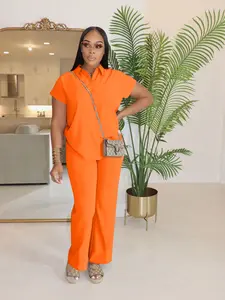 USBoutiqueCHIC Women's Spring Summer Casual Two-Piece Set Soft Loose Fit Long Sleeve Top & Trousers Vibrant Orange Collection