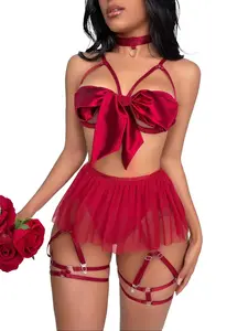 Valentine's Day Red Bow Lingerie Set for Women, Satin Bralette with Mesh Tutu Skirt & Garter Straps, Romantic Lingerie for Honeymoon/Anniversary, Plus Size Sexy Lingerie, Hot Lingerie Women, Sneaky Lingerie plus size fashion Silk Sheer Underwire Chemise