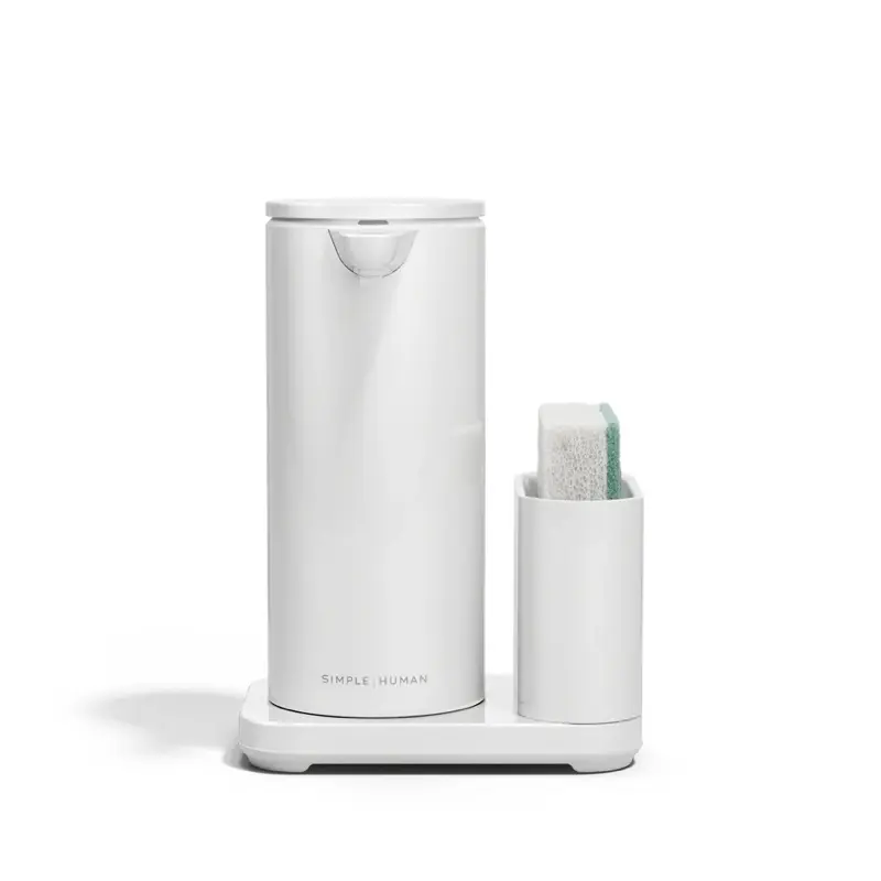 simplehuman Rechargeable Liquid Soap Sensor Pump Dispenser with Sponge Caddy, 14Oz, White Stainless Water Proof