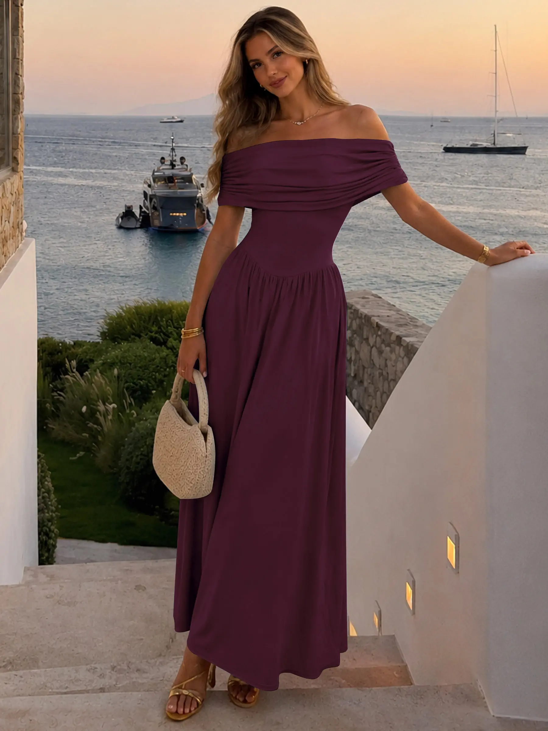 AISIZE A5605 Women's Off Shoulder Long Dress Casual Summer Dress with Pockets Soft Stretch Flowy Long Dress for Vacation Brunch Date Night Maxi Womenswear