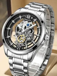 Men's Silver Color Steel Strap Dual-Sided Transparent Sporty Casual Business Watch, Quartz Wristwatch, Analog Round Face, Quartz Movement, Alloy Case