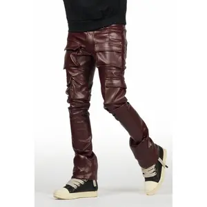 Kap Burgundy Stacked Flare Faux Leather Jean