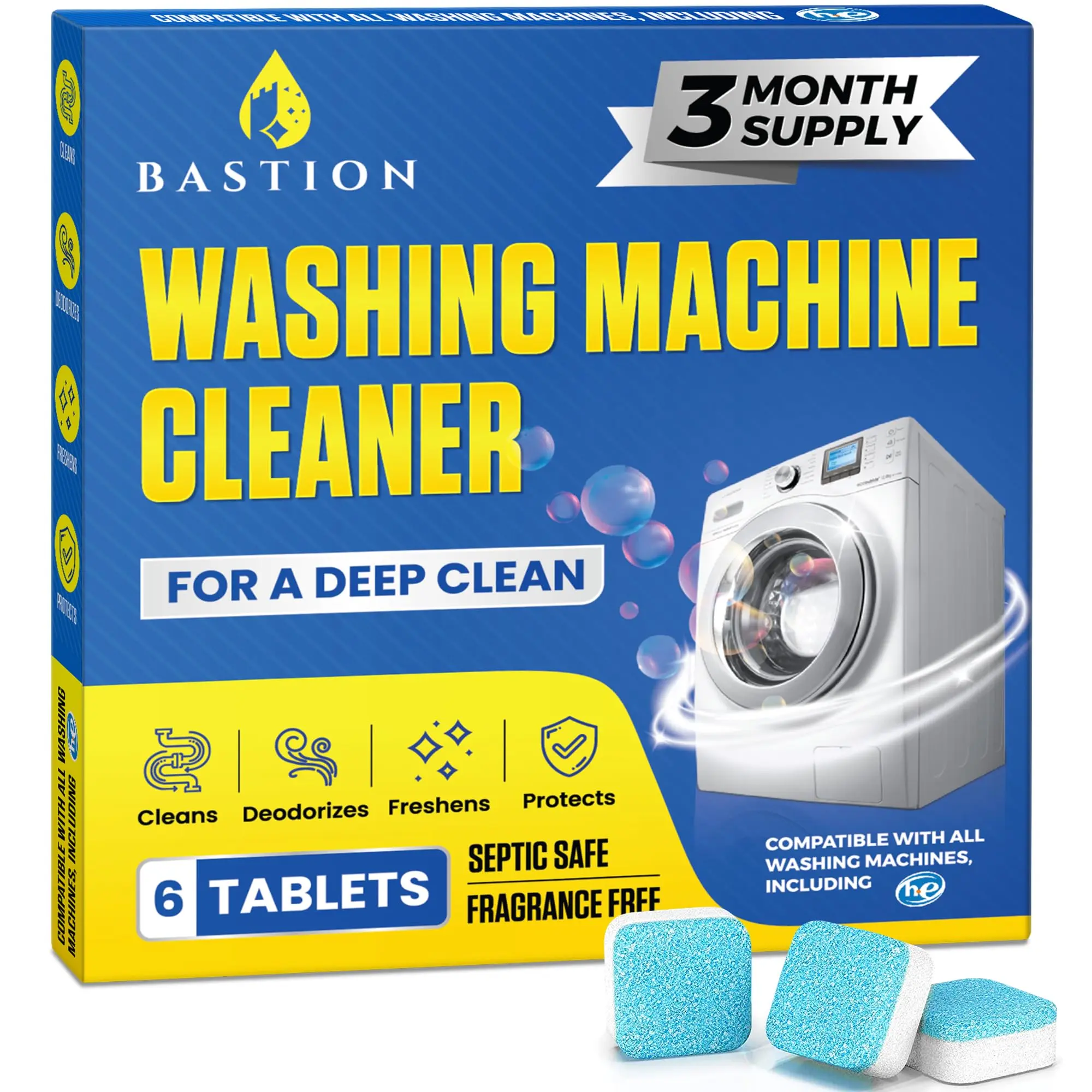 Bastion Washing Machine Cleaner, Deodorizer, & Descaler 6-Pack - 3 Month Supply Bastion Washing Machine Cleaner, Deodorizer, & Descaler 6-Pack - 3 Month Supply