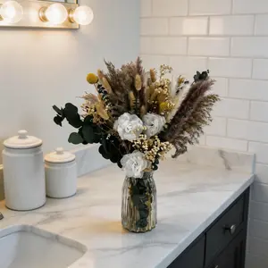 Dried Pampas Grass Arrangement with Vase, Preserved White Roses, No Fade Home Decor