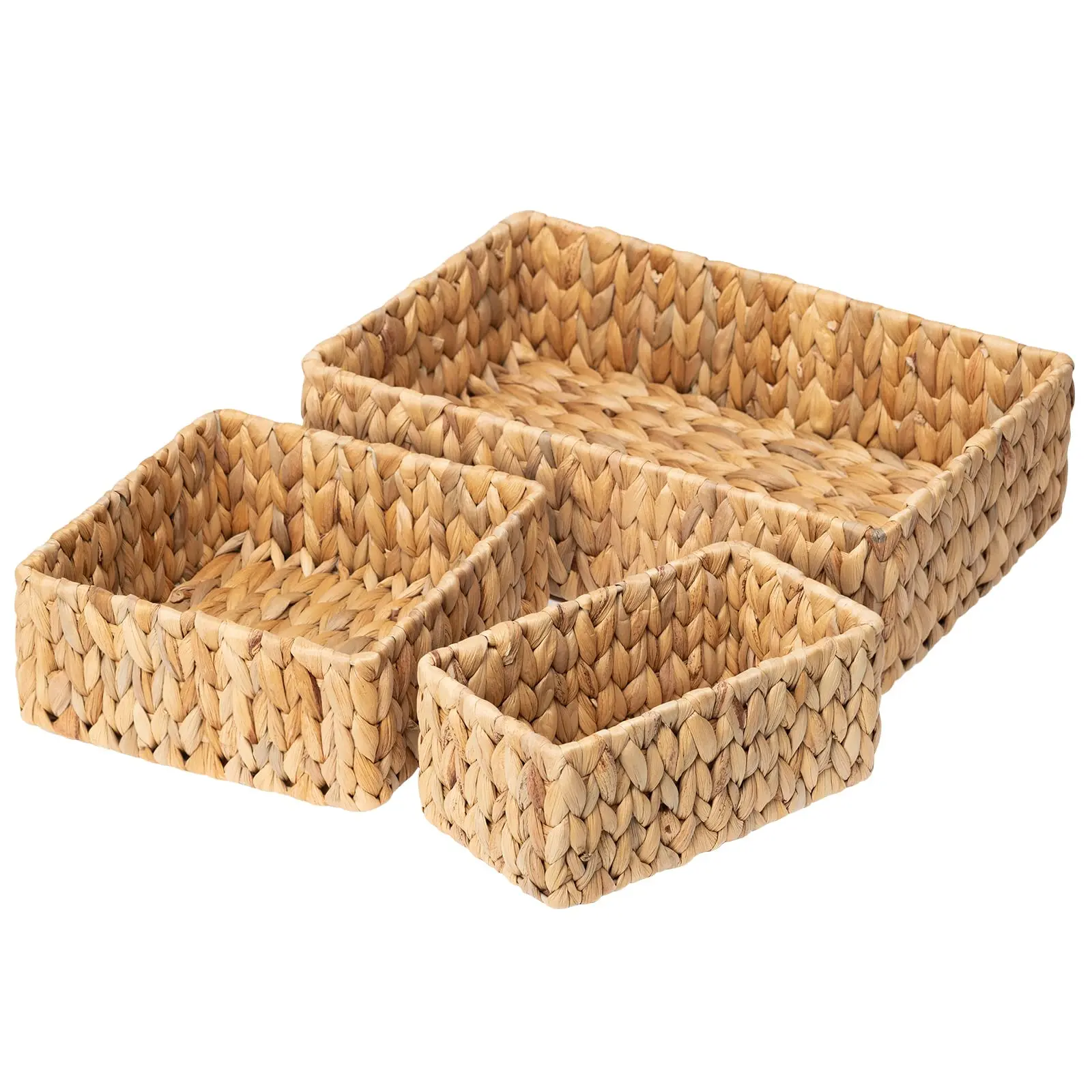 3 Pack Large & Small Natural Water Hyacinth Wicker Storage Baskets, Hand Woven Organizer Baskets, Rustic Wicker Basket Set for Pantry Shelf Kitchen Home Organization
