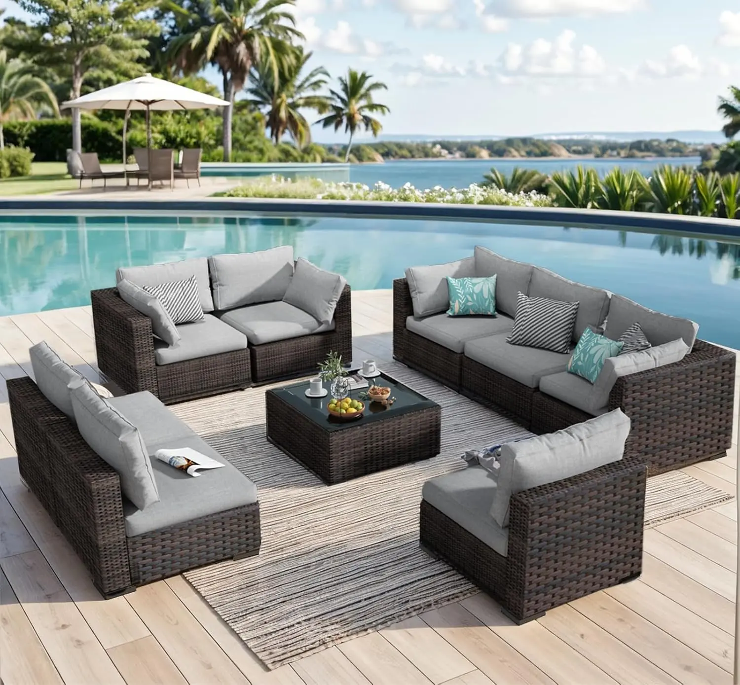 Summerwins 9-Piece All-Weather PE Rattan Patio Conversation Set, Sturdy Waterproof Stable Rust-Resistant Outdoor Sectional Sofa Couch with No-Slip Cushions, Glass Top Table, Assembly-Required Home Essentials for Backyard, Balcony