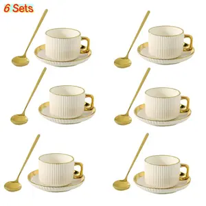 Ceramic Coffee Cup & Saucer & Spoon Set, 6 Sets Exquisite Elegant Coffee Cup Set, Drinking Supplies for Home Office Use, Drinkware, Drinking Tea Cup, Coffee Cups Gift