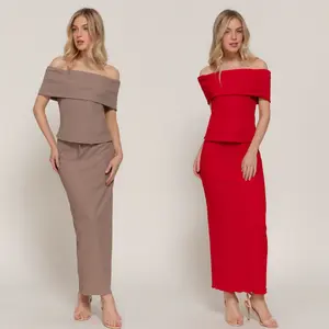 2PCS SET - Off Shoulder Texture Knit Top & Texture Kint Long Skirt