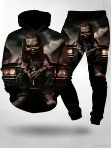 Men's Two-Piece Full Print Hoodie and Sweatpants Set - Horror Movie Doll Character Streetwear, Casual Black and Red Pullover Hoodie with Sweatpants, Fashionable Graphic Two-Piece Set, Perfect for Halloween, Parties, and Daily Wear