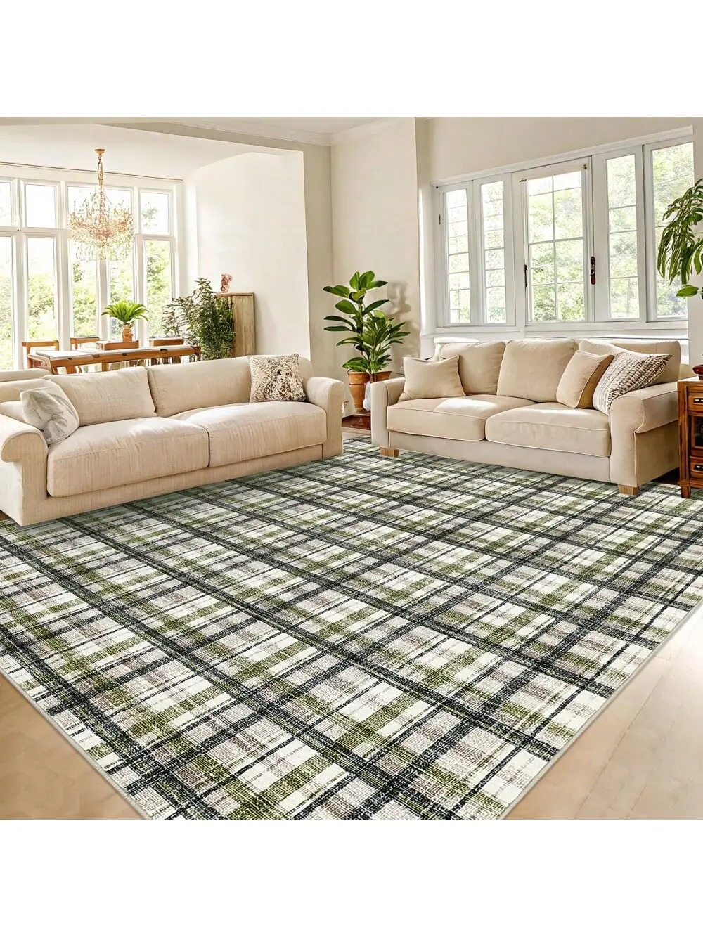 Green 10x13 ft Modern Plaid Print Tartan Indoor Area Rug - Low Pile, Ultra Thin, Foldable, Machine Washable, Non Slip, Non Shedding, Stain Resistant, Pet Friendly Synthetic Large Classic Decorative Rug for Bedroom, Living Room, Classic Area Rugs, Decorati