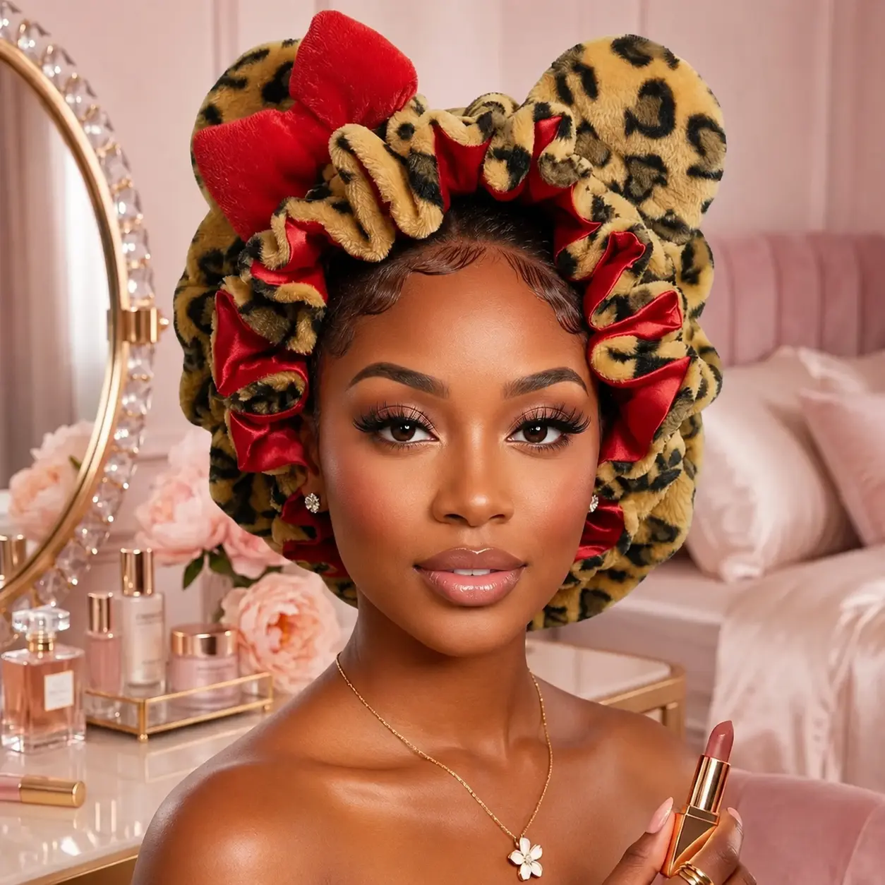 Luxury Double-Layer Teddy Satin Bonnet, Teddy Bear Bonnet, Haircare, Adjustable Plush 3D Bonnets, Plush Teddy Satin-Lined Bonnets, Hair Styling Cap, Breathable Sleep Bonnet for New Year Parties - Hair Care Cap for Themed Events & Casual Attire