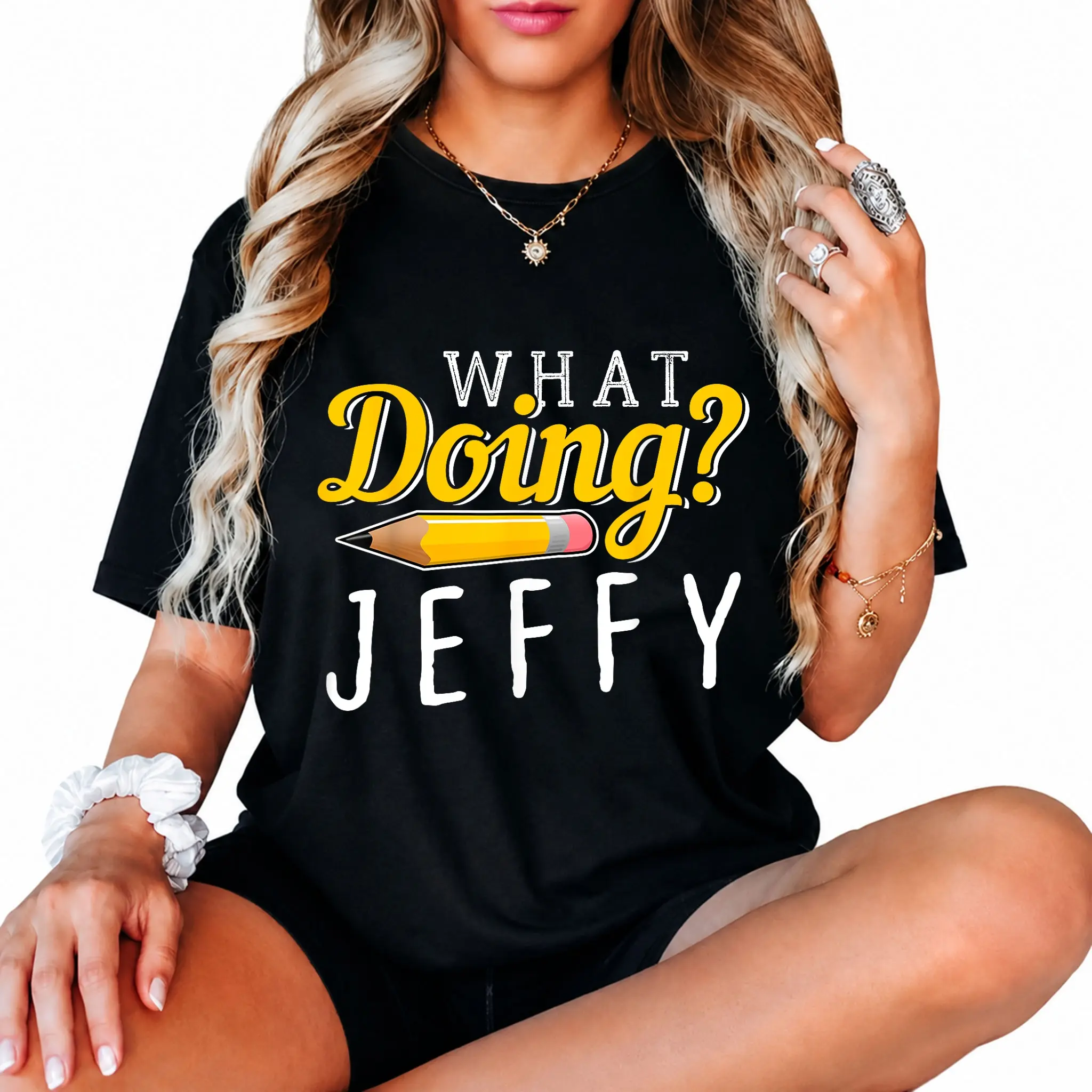 Women's 100% Cotton Round Neck Graphic T-Shirt - Casual, Everyday Streetwear Unisex Jeffy "What Doing?" Top, Tshirt, Vintage, Casual Fit, Playful, Funny Quote, Lady, Short Sleeves