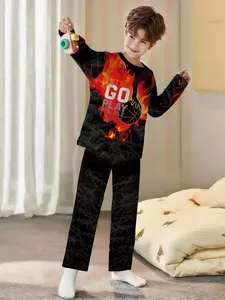 Black and red flame basketball slogan 2-piece set: boys' digital printed long-sleeve pajamas with extended pants, made of flame-retardant fabric. A fashionable, trendy, casual, comfortable and soft pajama set, suitable for sleeping and home leisure.