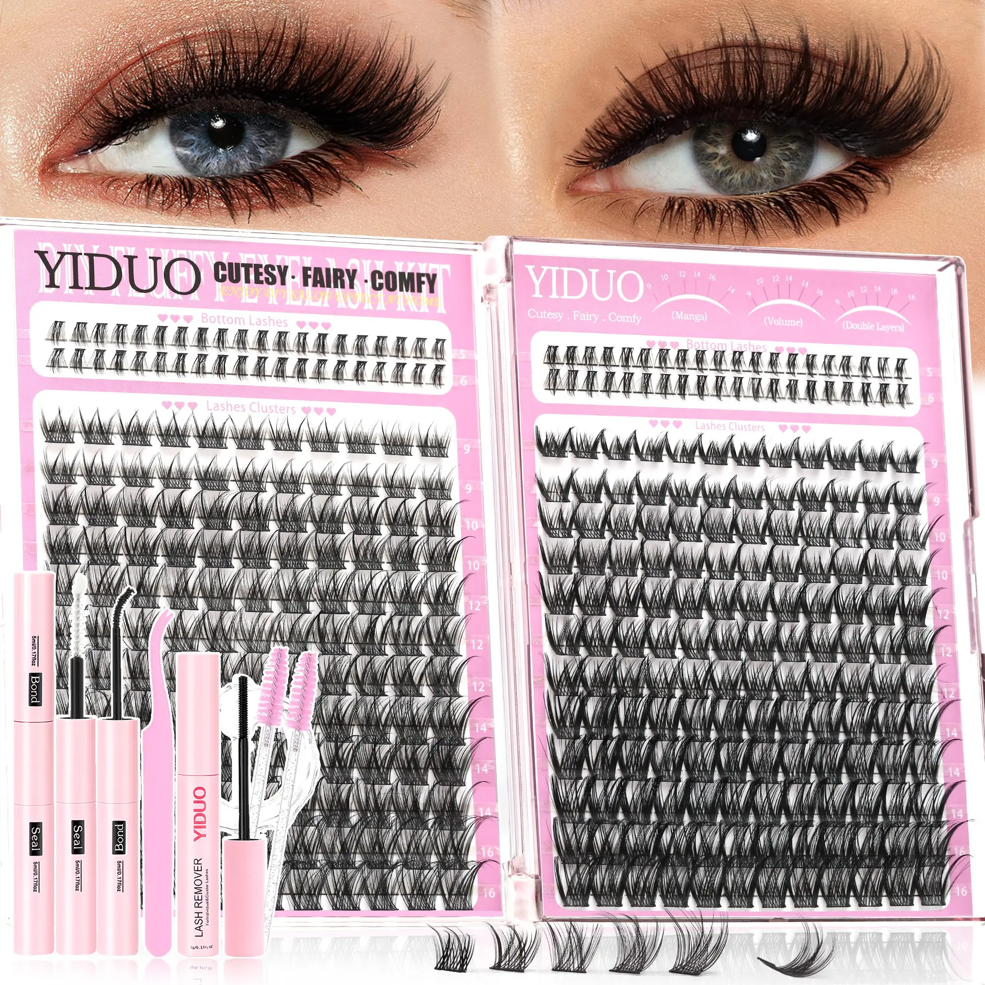 YIDUO Eyelash Extensions Cluster Kit | 3 Styles: Fairy, Wispy & Bottom Lashes | 5–16mm D-Curvature Individual False Eyelashes Extension Kit With Lash Bond and Seal, Remover, Tweezers & Eyelash Brush | Easy DIY at Home
