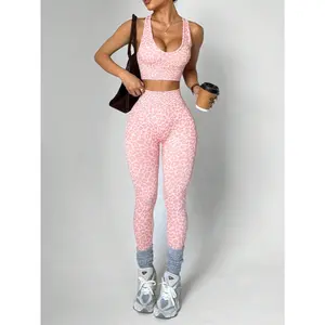 Women's Leopard 2-Piece Yoga Set, Push-Up Bra & High Waist Peach Hip Pants, Moisture-Wicking Fitness Sportswear