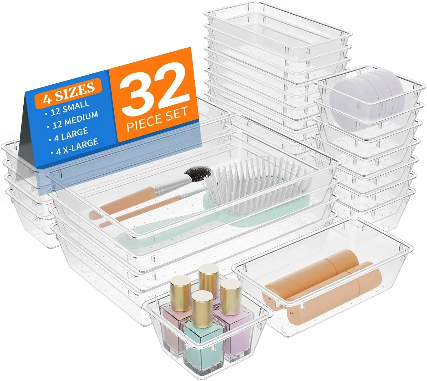 32 count Clear Plastic Drawer Organizer Set, 4-Size vanity organizer Trays and Storage Bins for Makeup,  and Gadgets in Bedroom, Bathroom and Office, Clear