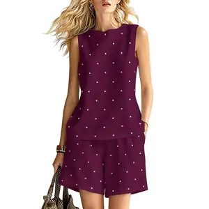 Womens Burgundy Polka Dot Print Sleeveless Top And Shorts Two Piece Outfit Set With Pockets For Elegant Casual Date Night Wear