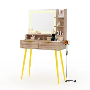 GAOMON 31-inch Modern Makeup Vanity Desk with LED Mirror & 3-Color Lights, Fluted Design Dressing Table with Storage Cabinet, Drawers, Outlet & Hair Dryer Holder for Bedroom