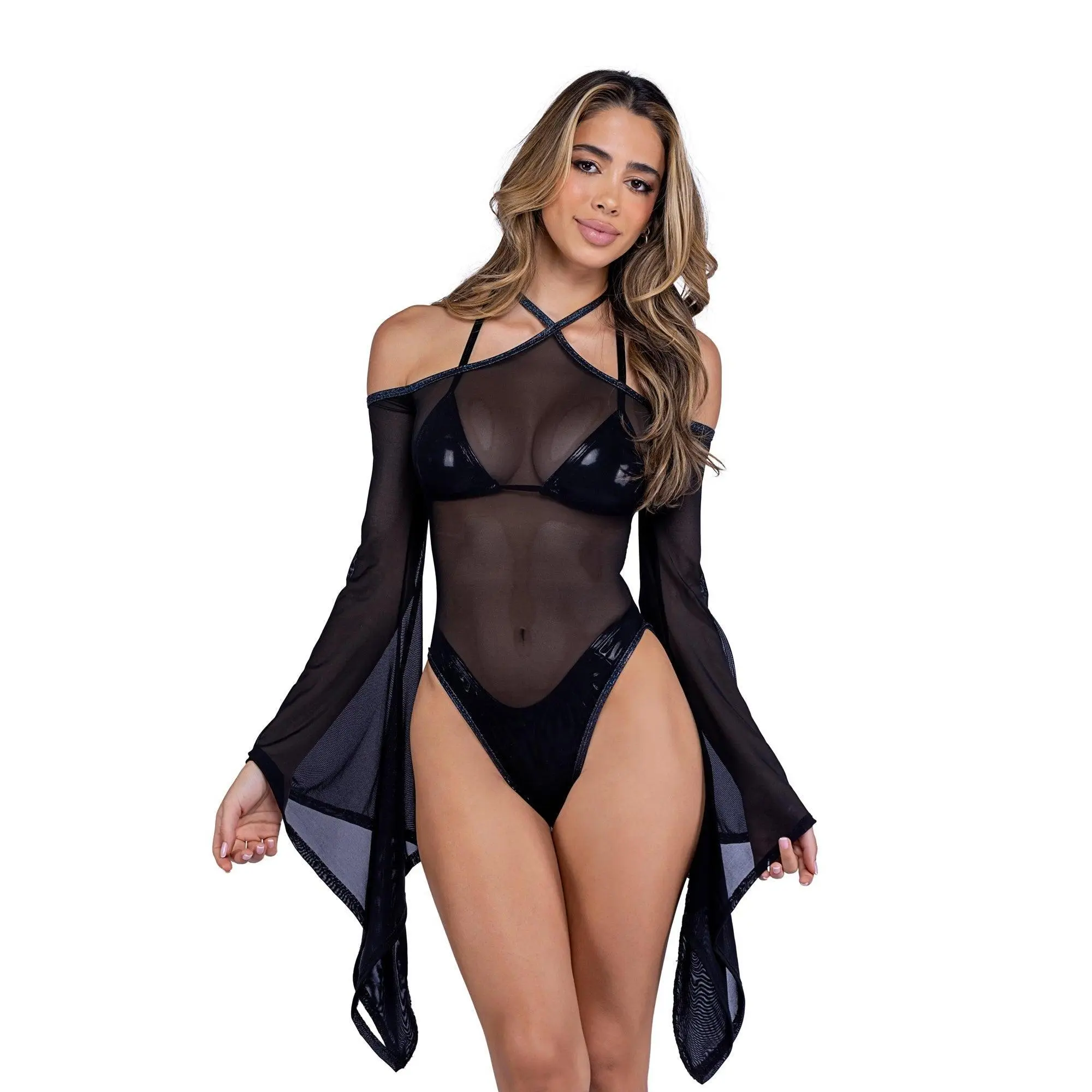 6497 - Sheer Mesh Romper with Bell Sleeves