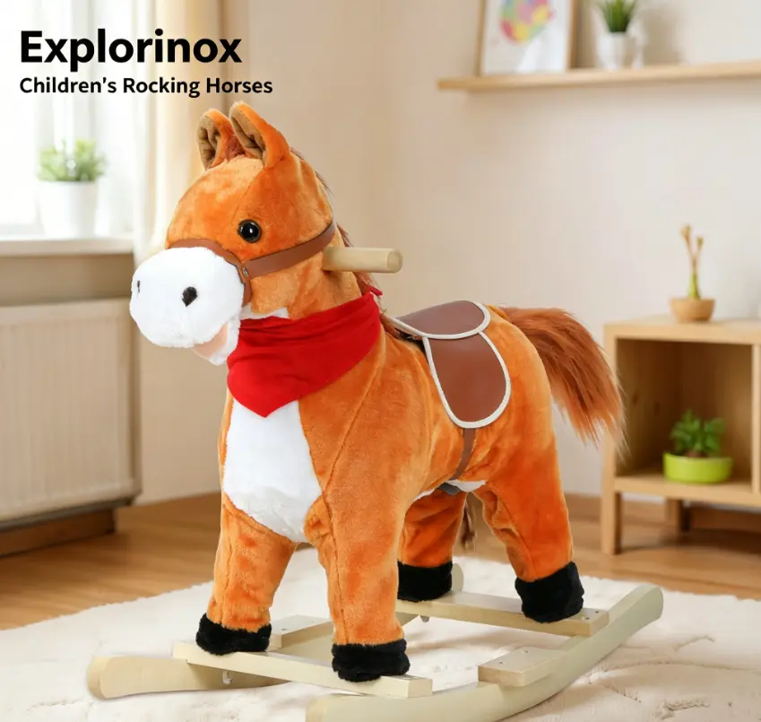 Explorinox Kids Cute Animal Theme Rocking Horse Toy - Plush Ride-On with Wooden Rocker, Musical Play Toy, Wagging Tail, 50kg Weight Capacity, Ideal Gift for Children Ages 1-6
