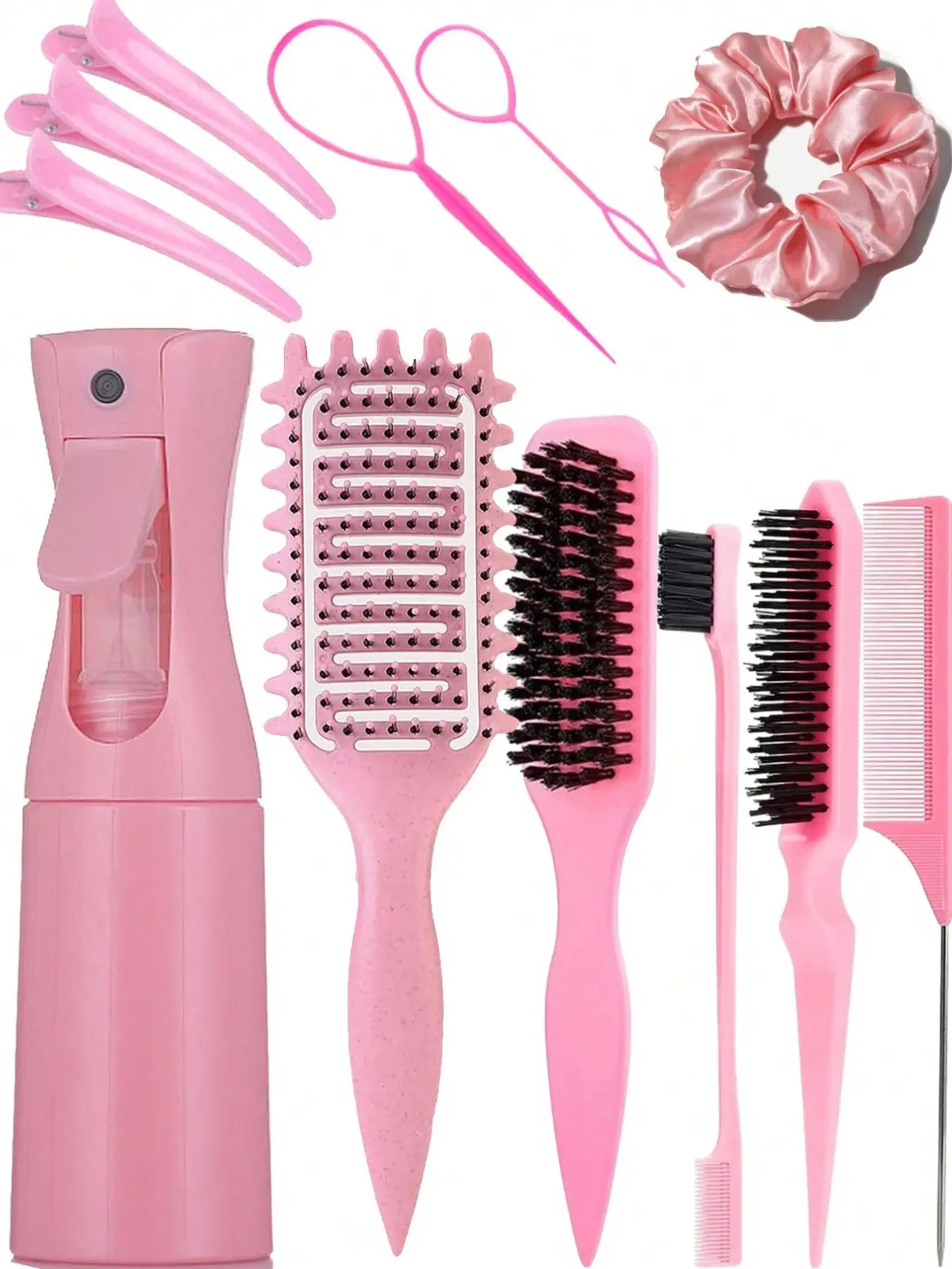 6/12pcs Hair Styling Kit – Edge Brush & Rat Tail Comb, Teasing Volumizing Comb, Curl Comb, Bristle Beard Brush, Spray Bottle, Duckbill Clips & Bun Maker, For Women & Men, Home/Salon/Travel, Hair Styling Tool, Hair Tools, Styling Tool Set