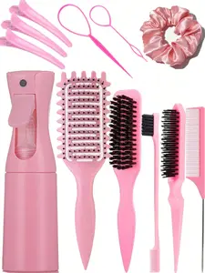 6/12pcs Hair Styling Kit – Edge Brush & Rat Tail Comb, Teasing Volumizing Comb, Curl Comb, Bristle Beard Brush, Spray Bottle, Duckbill Clips & Bun Maker, For Women & Men, Home/Salon/Travel, Hair Styling Tool