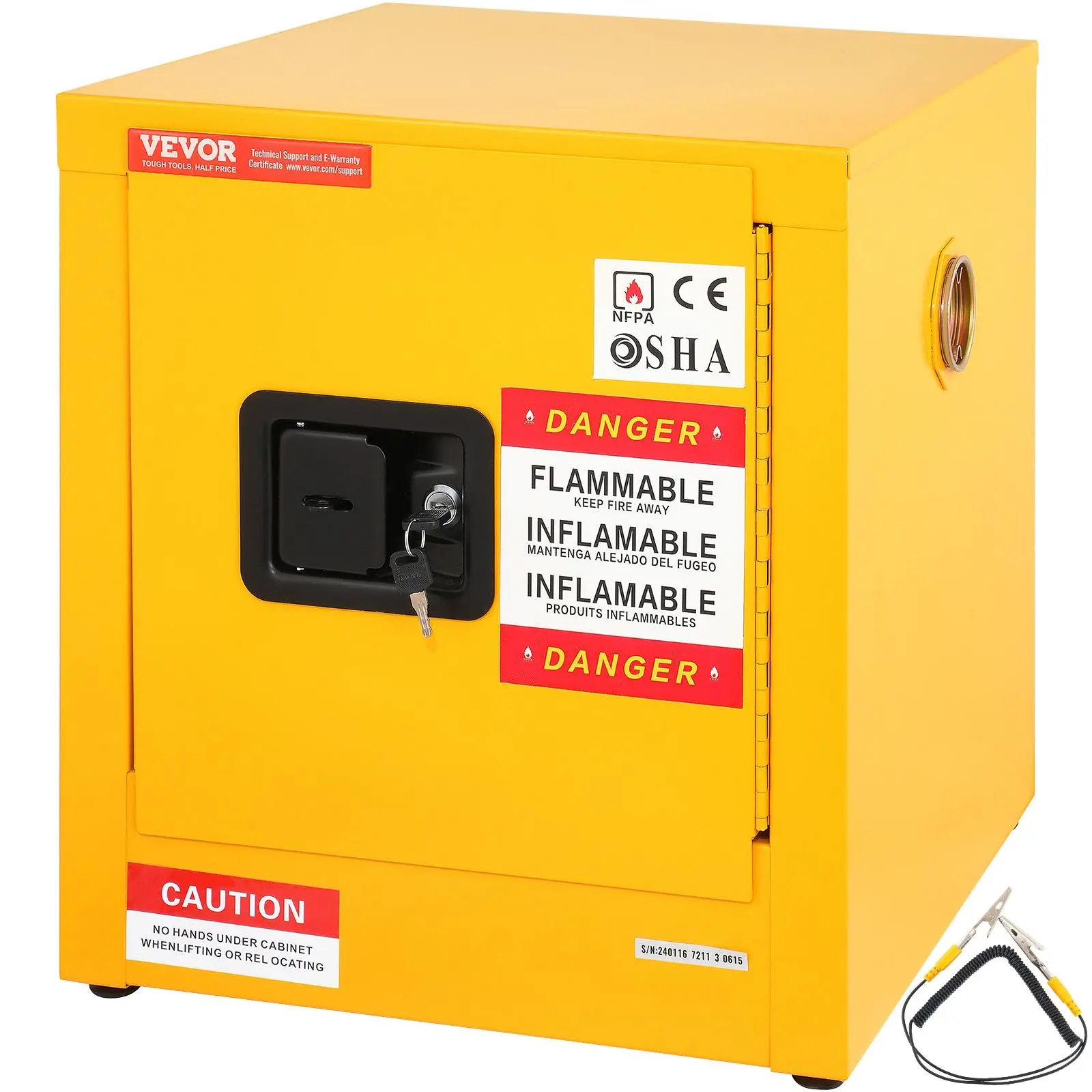 VEVOR 11gal 1-Door Explosion-Proof Flammable Safety Cabinet - Cold-Rolled Steel Storage, FM-Approved NFPA Code 30, OSHA-Compliant Yellow, 3-Point Key Lock, Grounded Conductor, 16.9x16.9x18.2in Rectangular Tank for Industrial Users, Garage Workspaces