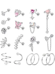 18Pcs Cartilage Earring Stainless Steel Stud Earrings for Women Men Cute Earrings Flower Heart Leaf Hypoallergenic Screw Back Earrings CZ Tragus Couch Helix Piercing Jewelry