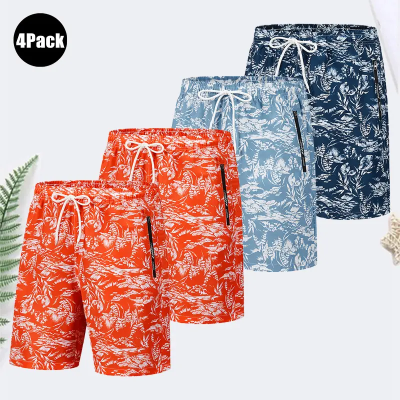 Multi-pack men’s Hawaiian beach shorts: quick-drying swim trunks with pockets; summer casual tropical floral print board shorts suitable for the beach and pool. men's, Tropical Print
