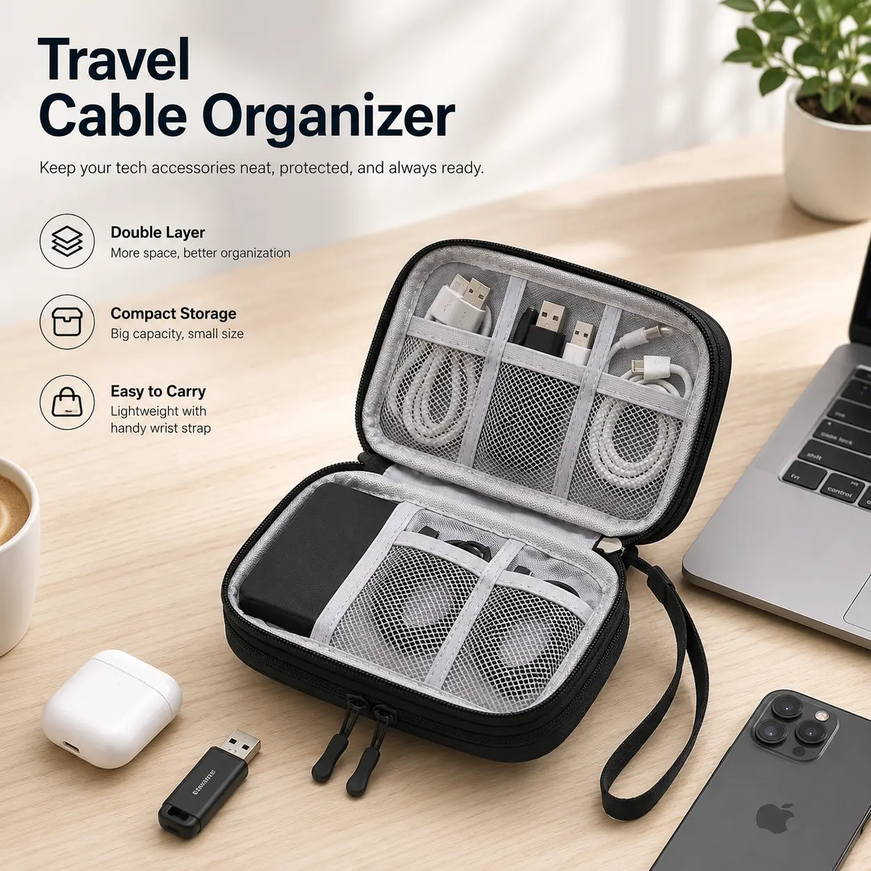 Double Layer Fabric Tech Storage Bag - Organization Storage, Antitangle, Multicompartment Organizer for Chargers, Earphones, USB Cables, Phone Accessories; Travel/Home Desk Clutter Control Essential for Digital Nomads