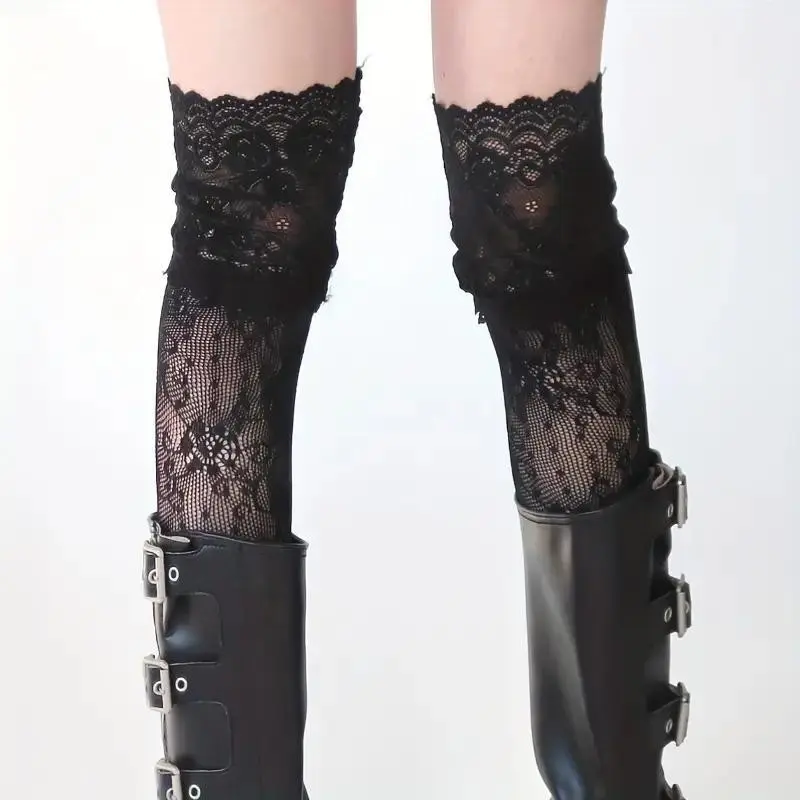 Youth Floral Trim Pattern Thin Lightweight Long Tube Socks, Sheer Lace Socks, Over-The-Knee Socks, 1 Pair Pack, Comfortable & Stylish Footwear, Breathable Socks, Casual Stylish Socks