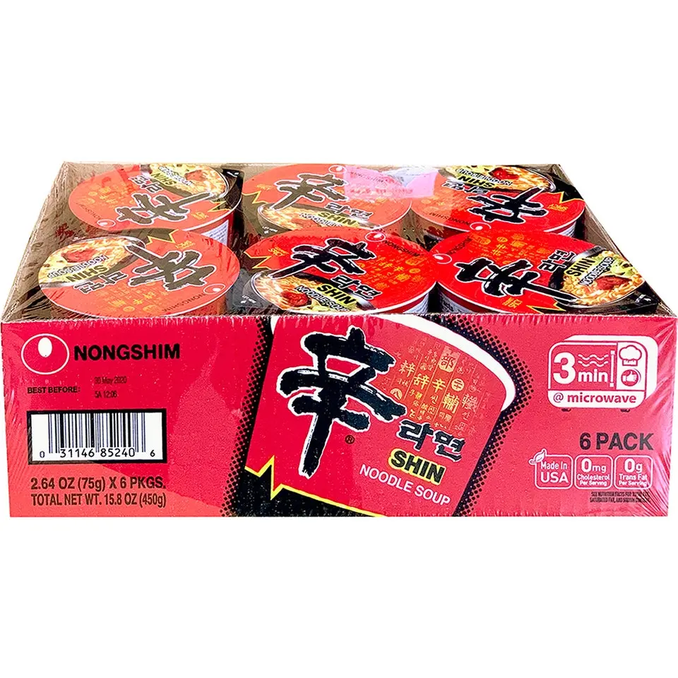NONGSHIM Shin Classic Ramen Cup, 6-Pack Spicy Garlic Flavor Korean Ramyun - Spicy Instant Noodle Selection, Chewy Noodles, Savory Broth, Single-Serve Ambient, On-the-Go Pantry Food (Soy-Containing)