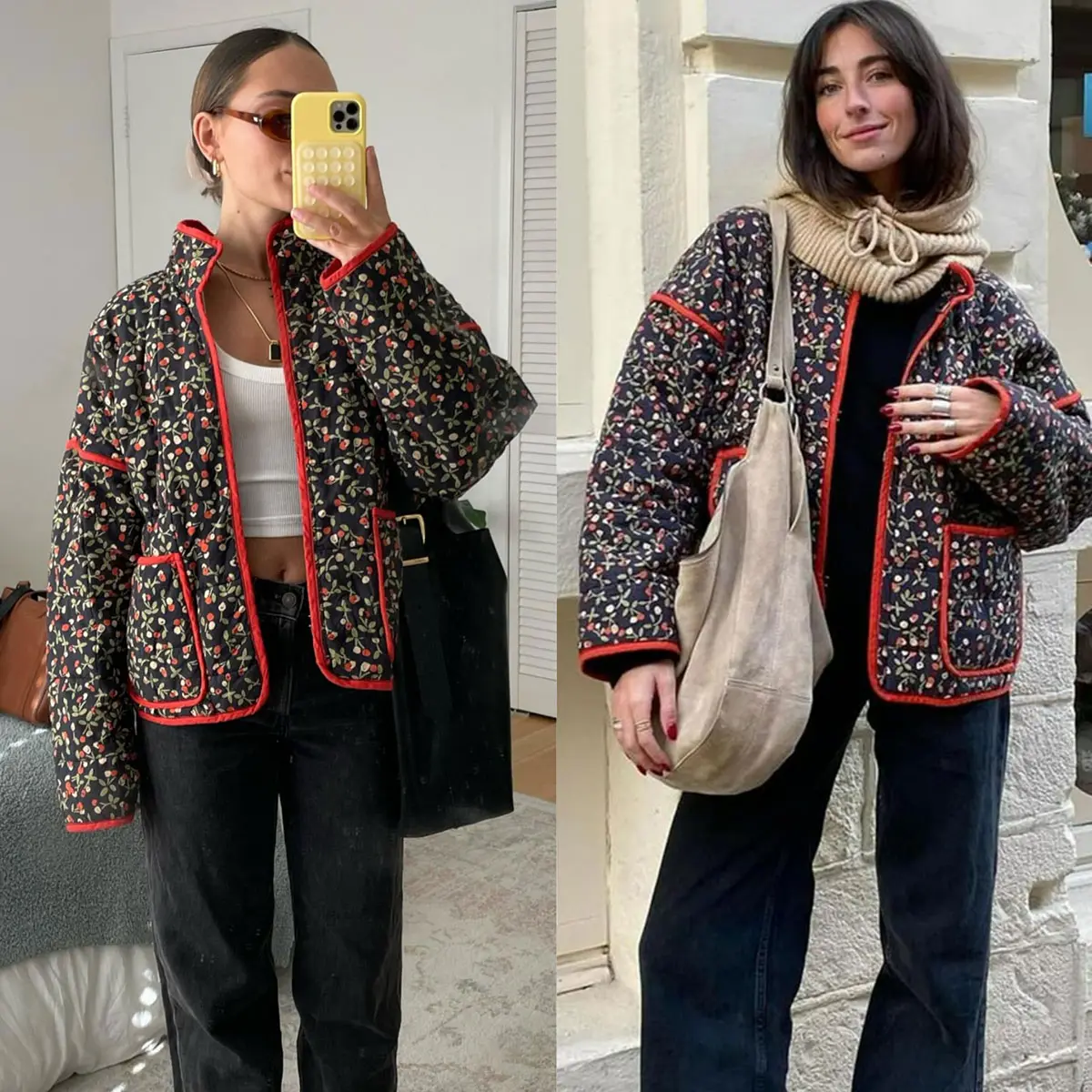 Women's Ditsy Floral Print Quilted Puffer Coat - Lightweight, Drop Shoulder, Open Front, Pockets, Reversible Long Sleeve, Chic Vintage Bohemian Batwing Style, Cropped Cardigan for Fall Winter Casual Comfort, Party & Outdoors Sports Outerwear, Coats, Sport
