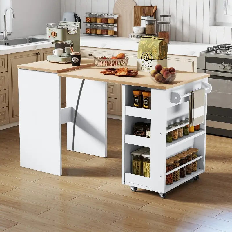 Multi-Functional Foldable Kitchen Island - Collapsible Rolling Table with Casters for Dining Room & Home Office