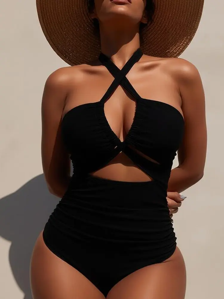 Women's Halter Cut-Out Solid 1-Piece Swimsuit with Tummy Control, Swimsuit for Women Ideal for Vacation, Resort Use